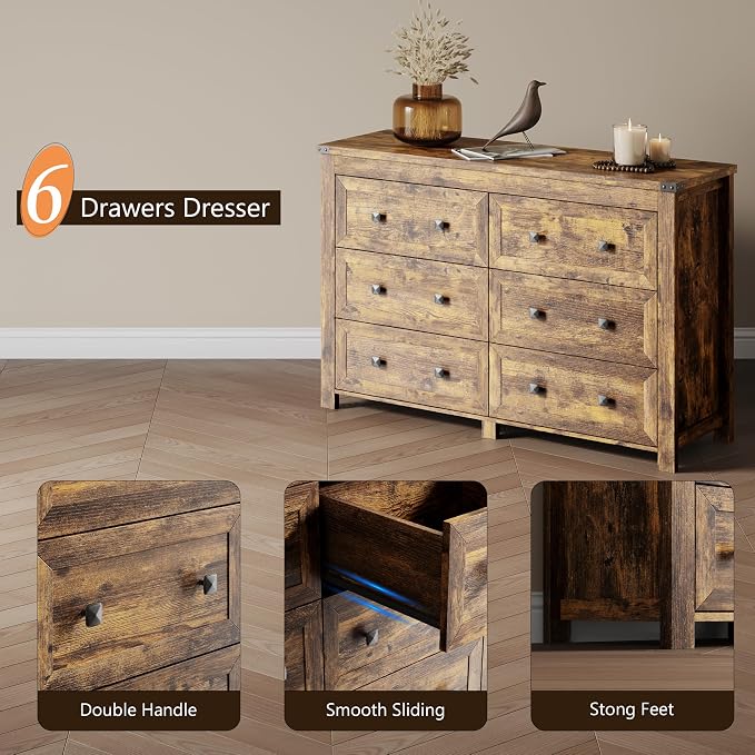 Dresser for Bedroom with 6 Drawers, Farmhouse Wood Chest of Drawers, Wide TV Stand Closet Storage Furniture with Metal Handle, Modern Clothes Organizer for Hallway, Living Room, Entryway, Brown - Image 5