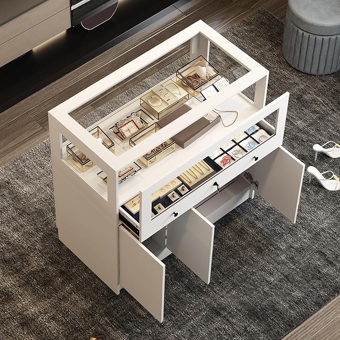 Homsee Wardrobe Armoire Closet with Lock, Walk-in Closet Island Dresser with Glass Showcase, Drawers & Doors, Modern Storage Display Cabinet for Bedroom, Fitting Room & Shops, White