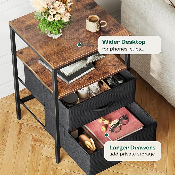 Huuger Night Stand with Charger Station, 27.7 Inch Tall Nightstand, Bed Side Table with 2 Fabric Drawers, Fabric Drawer Dresser for Bedroom, Living Room, Rustic Brown and Black - Image 6