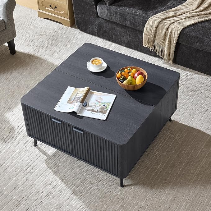 Lift Top Coffee Table with Storage, 35.4" Wide Square Black Coffee Table with Large Hidden Compartment, Mid Century Modern Fluted Center Table for Home Living Room, Balck Grey