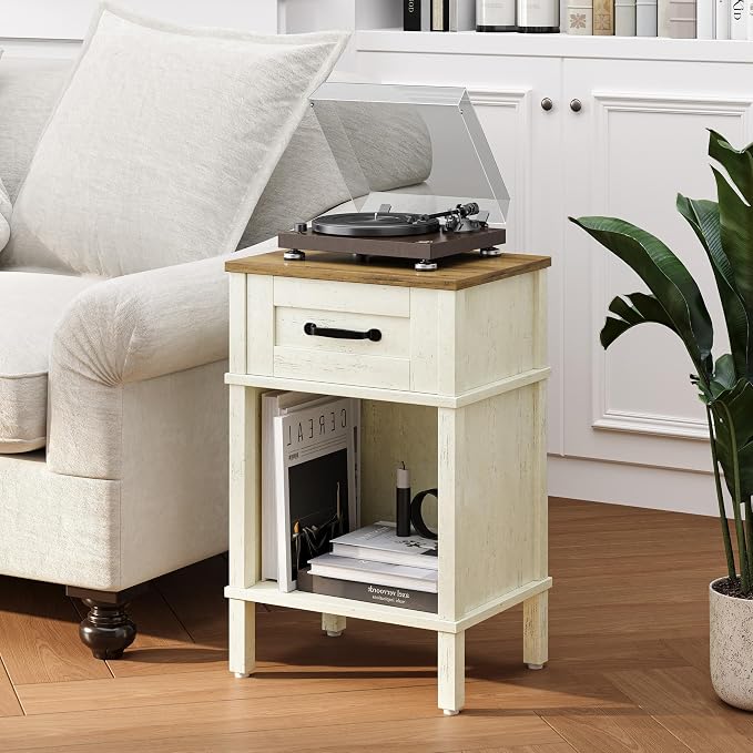 White Farmhouse Nightstand with Drawer, Small Wooden Bedside Table, White End Table, Bedroom Side Table with Storage, Rustic Wood Night Stand LET512WR - Image 4