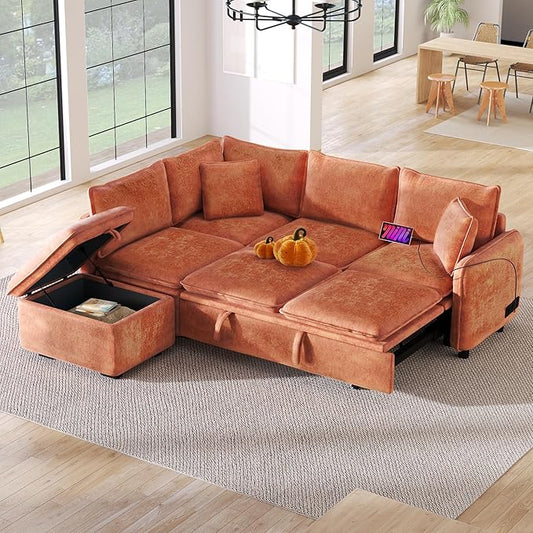 ERYE L-Shaped Corner Chenille Upholstered Sleeper Sectional Sofa Practical Convertible Sleep Sofabed W/Pull Out Sleep Couch Bed, Storage Ottoman and USB Charge Ports for Living Room