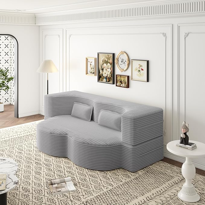 KEIKI Corduroy Floor Sofa Convertible Couch, 15" Full Size Foam Folding Mattress Sleeping Sofa, Lounge Floor Couch Hidabed Sleeper Bed with 2 Pillows, Light Gray