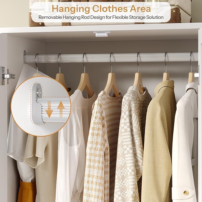 DynJest Armoire Wardrobe Closet with 2 Drawers, 70" Tall Clothing Storage Cabinet with Hanging Rod, 3 Open Shelves & 5 Hooks, 2 Doors Large Capacity Wooden Wardrobe Cabinet for Bedroom, White