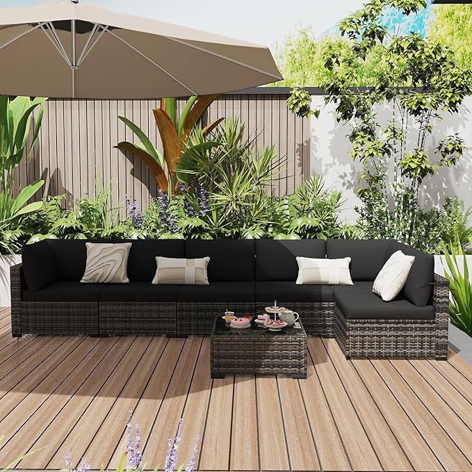 KIGOTY Patio Furniture Set,7 Pieces Modular Outdoor Sectional Sofa, PE Rattan Patio Conversation Set, All Weather Wicker Patio Furniture with Cushions and Coffee Table（Beige Black/Black）