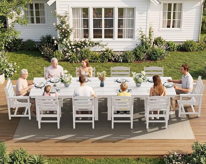 SERWALL Patio Dining Sets for 6 Person, HDPE Dining Set with 6 Armless Chairs, White - Image 7