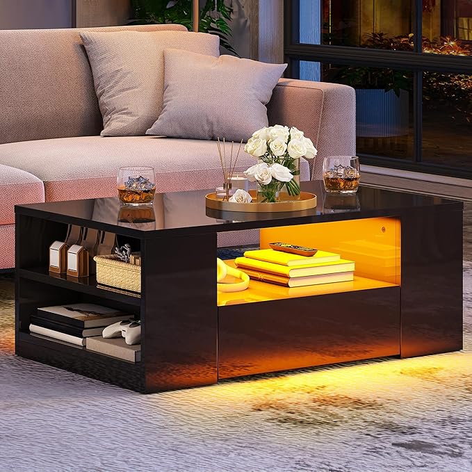 YITAHOME Modern LED Coffee Tables for Living Room, High Glossy Coffee Table with Storage 2 Drawers and Open Book Shelfs, Black Minimalist Coffee Table Small Wood Center Table Home Decor, Black