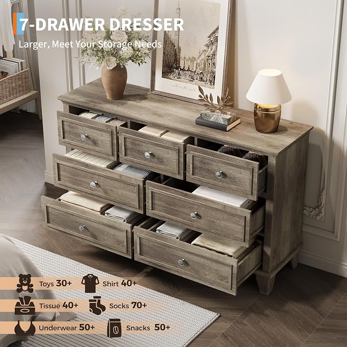 GAOMON Grey Dresser, 7 Drawer Dresser for Bedroom, 47" W Chest of Drawers with Deep Drawers, Closet Dressers with Metal Handle, Thickened Desktop, Wood Rustic Drawers for Hallway, Entryway, Closet - Image 4