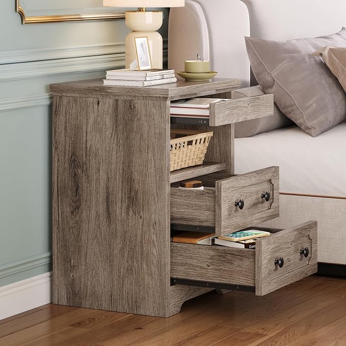 LIKIMIO Nightstand Set of 2, Night Stand with Pull Out Tray, Wooden Bedside Table with 2 Drawers and Open Shelf, Side Table for Bedroom, Grey - Image 2
