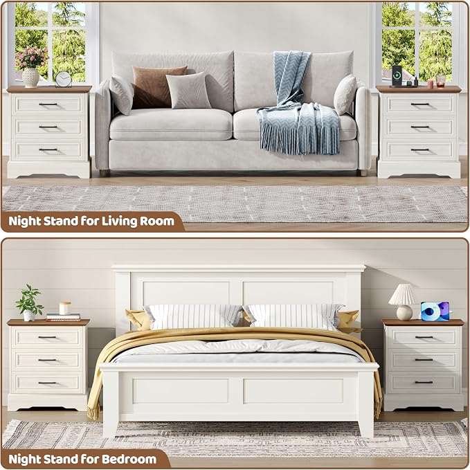 Akxomel Farmhouse Nightstand with Charging Station, 22" Wide Bedside Table with 3 Large Drawers & Bar Handles, Side End Table with Stable Support Base, for Bedroom, Off White - Image 5