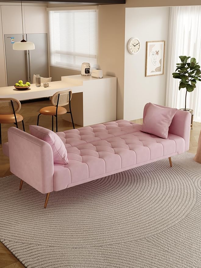 KEIKI 71 INCH Loveseat Sofa with Adjustable Backrest, Upholstered 2 Seater Velvet Couch for Living Room Bedroom Office Apartment, Pink