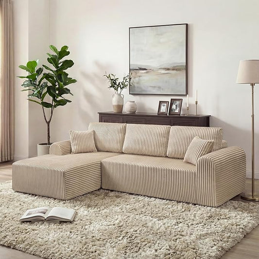 109-Inch L-Shaped Left Facing Boneless Corner Sofa 2 PCS Modular Sectional Cloud Sofa Couch with Chaise Lounge and Toss Pillow, Corduroy Boneless L-Shaped Couches