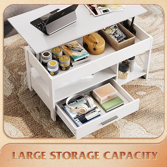 WLIVE Coffee Table, 39" Lift Top Coffee Table with Hidden Compartment, Storage Drawers and Storage Shelf for Living Room, Reception Room, White