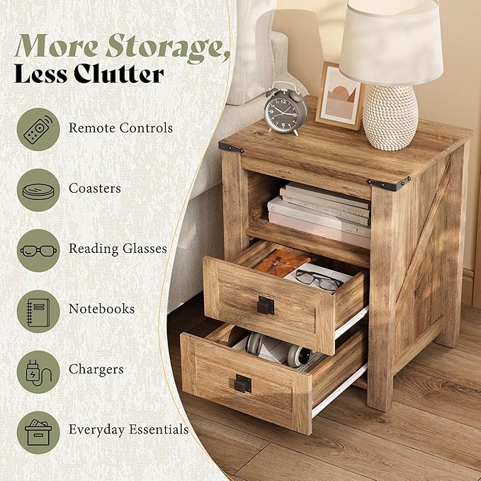 AMERLIFE 18" Farmhouse Nightstand Set of 2, Wooden Bedside Table with 2 Drawers & Open Shelf, Rustic Wood End Table for Bedroom or Living Room, Barnwood - Image 5