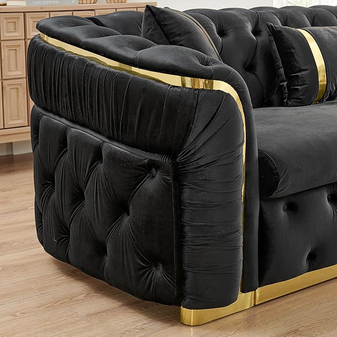 KEIKI 111" L-Shaped Luxury Velvet Chesterfield Sectional Sofa with Gold Stainless Steel Accents and 7 Pillows, Mid-Century Oversized 5-Seater Button Tufted Couch, Easy Assembly, for Living Room, Black