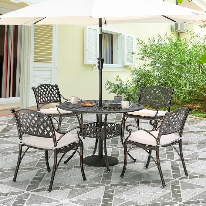 NUU GARDEN 5 Piece Outdoor Patio Dining Set with Beige Cushions, Cast Aluminum Round Dining Table with Umbrella Hole and Patio Dining Chairs for Garden, Balcony, Black with Bronze Edge - Image 8