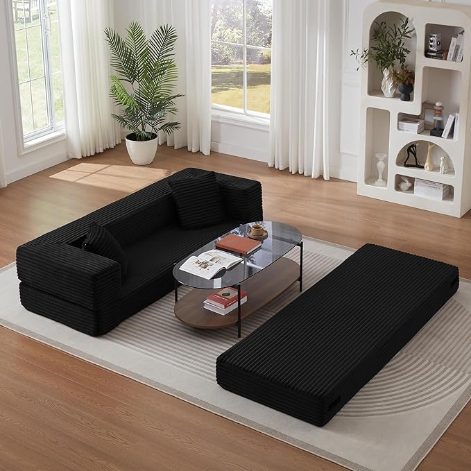 Ball & Cast Modern Upholstered Sofa with 2 Pillows,Boneless Corduroy Couch W/Deep Seat,Convertible Folding Sleeper Sofa Bed for Living Room,Bedroom,Apartment,No Assembly,Black,78"