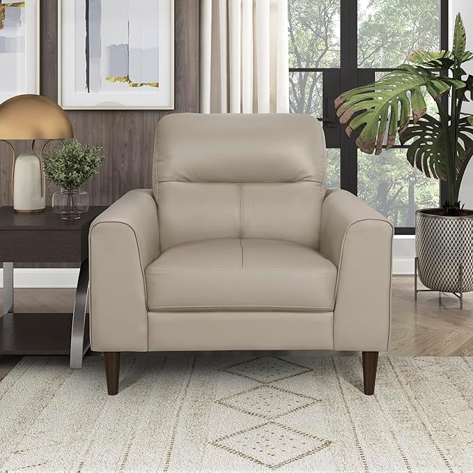Lexicon Leather Match Accent Chair, Modern Sofa Armchair, Oversized Seat, Solid Wood Legs,Top Grain Leather Lounge Chair for Living Room, Bedroom, Office, Apartment, Waiting Room, Latte