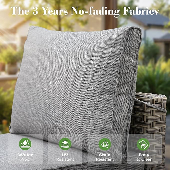 5 Piece Outdoor Patio Furniture with Glowing Coffee Table, Rattan Wicker Conversation Set with Sofa, Sectional Single Chairs for Outside Porch Balcony Backyard Pool,Grey