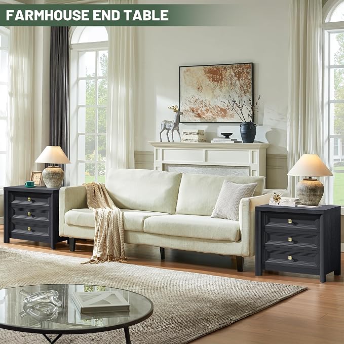 Black Night Stand Set of 2, Farmhouse Nightstand with 3 Drawers, 24.8” Tall Nightstand with Gold Knobs, Wood Bedside Table for Bedroom, Modern End Table for Living Room Office - Image 2