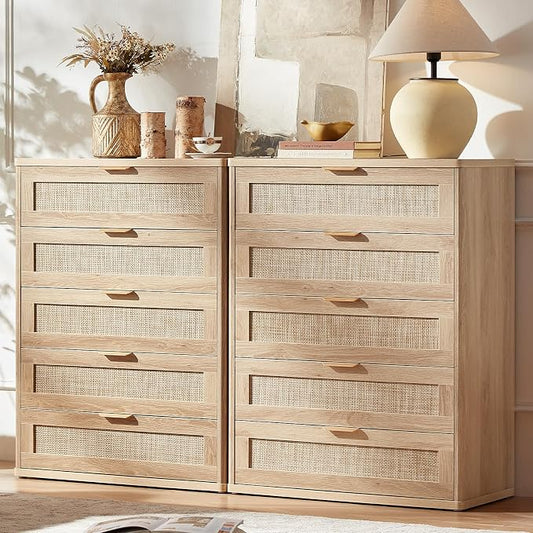 LEYAOYAO Rattan Dresser for Bedroom Set 2, 41" Tall Dressers Chest of Drawers, Boho Small Dressers with 5 Drawers, Natural Wood Dresser Wooden Closet Organizer for Living Room, Hallway by LEYAOYAO-Findtheshiningpointofyourideallife%EF%BC%81