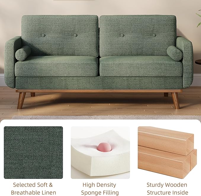 IDEALHOUSE 65" Loveseat Sofa, Mid Century Modern Love Seat Couches for Living Room, Button Tufted Sofa Couch with Wood Legs & Trim for Living Room, Bedroom, Office, Linen, Green