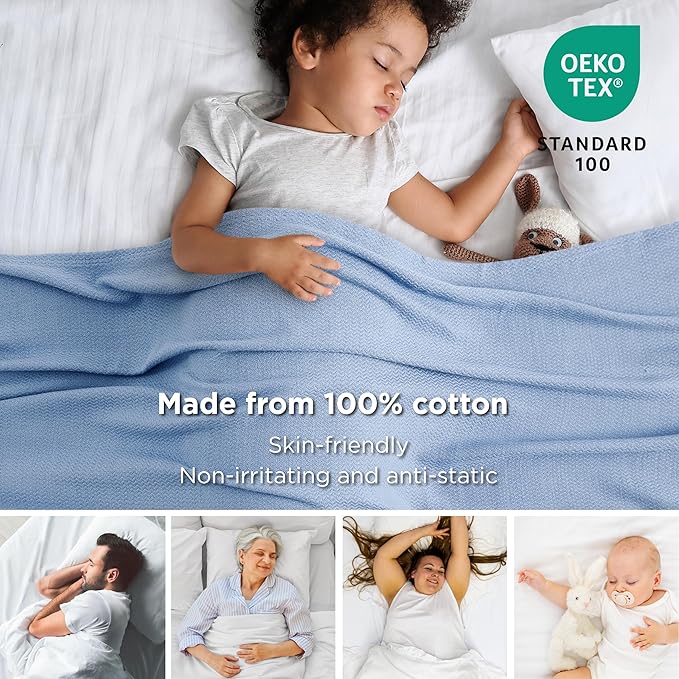 Bedsure GentleSoft 100% Cotton Blanket Full Size for Bed - Breathable and Lightweight, Soft Cozy Textured Herringbone Woven Blanket for Summer Spring, Ashley Blue, 80x90 inches