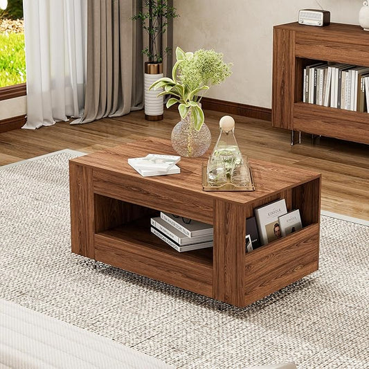 35" Wood Coffee Table for Living Room, Sides Storage with Transparent Legs, Minimalist Farmhouse 2-Tier Storage Shelf Center Table for Home Office, Apartment, Walnut