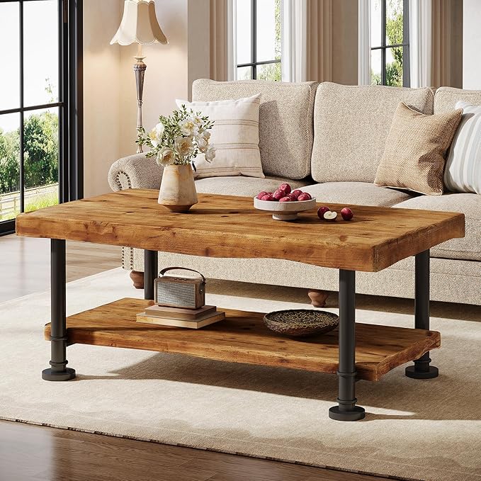 47" Coffee Table, Farmhouse Solid Wood Accent Center Table with 2-Tier Live Edge Shelf & Metal Legs, Rectangular Low Cocktail Tea Furniture for Living Room, Lounge, Brown and Black