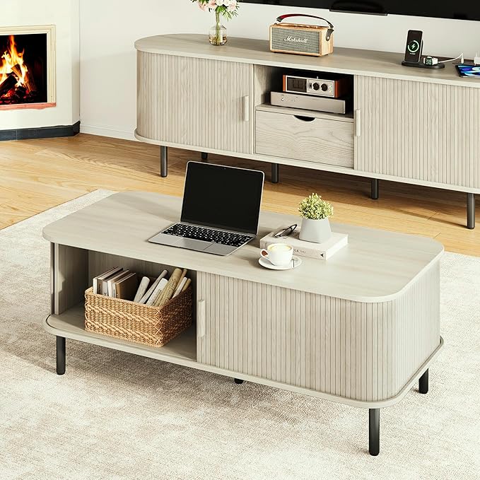 ONBRILL Coffee Table with Storage, 47.2" Mid Century Modern Coffee Tables for Living Room, Rectangle Wood Center Table with Sliding Tambour Door & Adjustable Leg for Living Room, Natural White