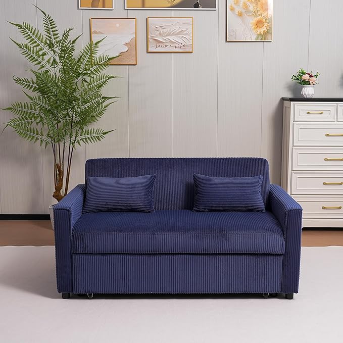 Ball & Cast 55" 3 in 1 Loveseat Futon Sofa-Bed,Convertible Pull Out Couch,Corduroy Upholstered Sleeper Sofa Bed with Adjustable Backrest,Side Pocket and 2 Pillows,Chaise Lounge for Living Room,Blue