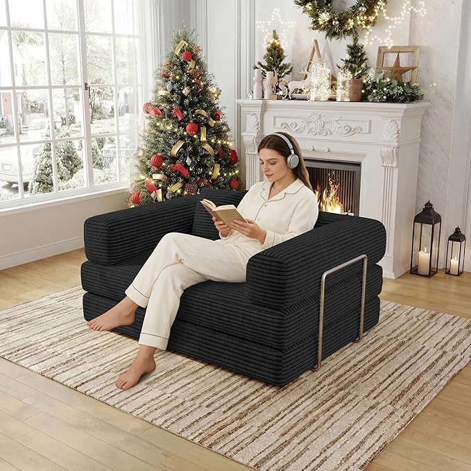 4-in-1 Foldable Sofa Bed Teddy Foam-Filled Compressed Couch Loveseat Sofa Boneless Foldable Convertible Sleeper Sofa Couch for Space Saving Living Room, Guest Bed, Playroom (Black, 53.15"Double Sofa)