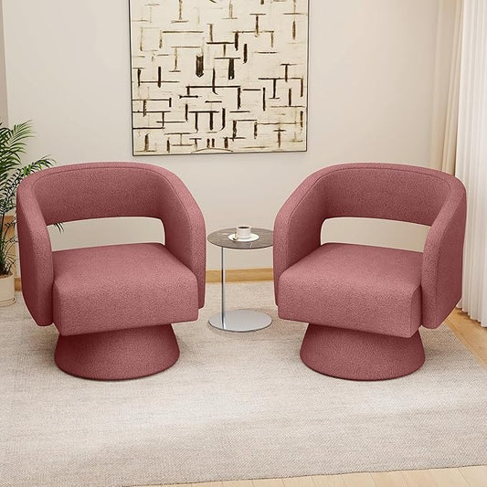 Nebuaegis Swivel Accent Chair Set of 2, Modern Comfy Teddy Barrel Chairs, Oversized Upholstered Round Arm Chair for Living Room, Bedroom, Reading Room, Dark Pink