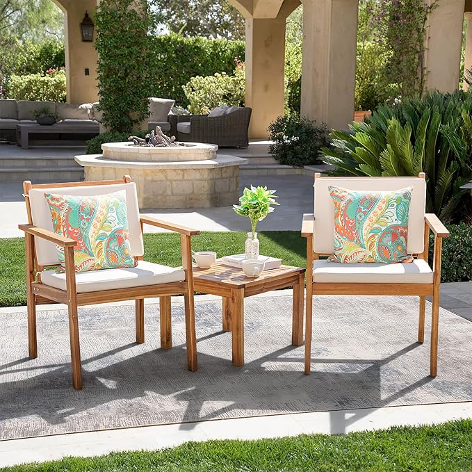 Greesum 3 Piece Bistro Patio Furniture Outdoor Chat Chair Set with Water Resistant Cushions and Coffee Table for Beach Backyard Garden, Beige