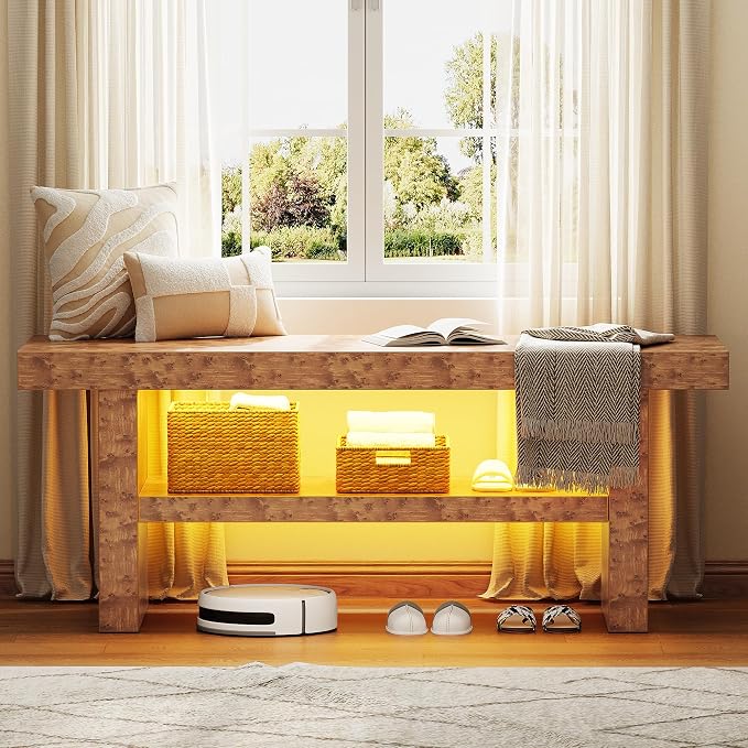 DWVO 39.4" Entryway Bench with Motion-Sensing Warm LED Light, 2-Tier Rustic Thick Wood Shoe Storage Bench for Hallway Bedroom Dressing Room or End of Bed, Burl Wood Finish - Image 6