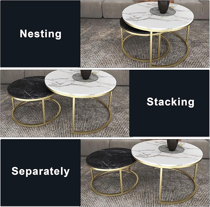 Nesting Coffee Table Set of 2, 31.5" Round Coffee Table Wooden Marble Pattern Accent Furniture, Industrial End Table for Living Room Bedroom Balcony (WhiteBlack/Gold)