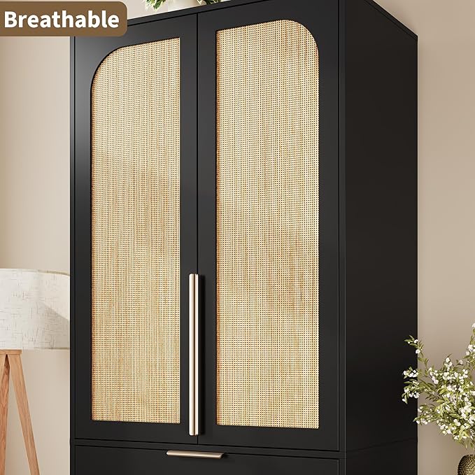 GarveeHome Armoire Wardrobe Closet, 69.5 in Wooden Wardrobe Cabinet with 3 Drawers, Hanging Rod, 2 Doors Clothing Storage Cabinet for Bedroom, Large Capacity Storage, Rattan Door, Black