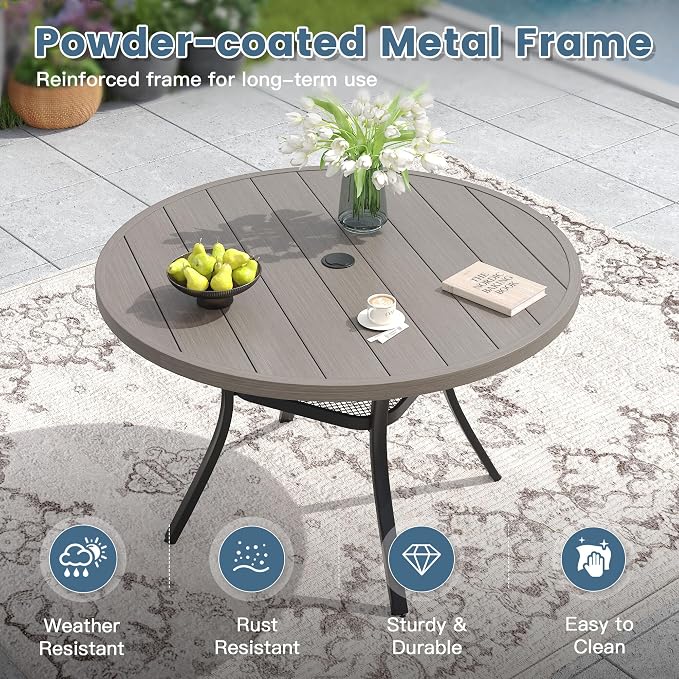 DIFY 7 Pieces Outdoor Patio Dining Set for 6, 47.2" Grey Wood-Like Round Metal Dining Table and 6 Sandshell Stackable Textilene Patio Chairs, Outdoor Table and Chairs for Backyard Garden Poolside - Image 4