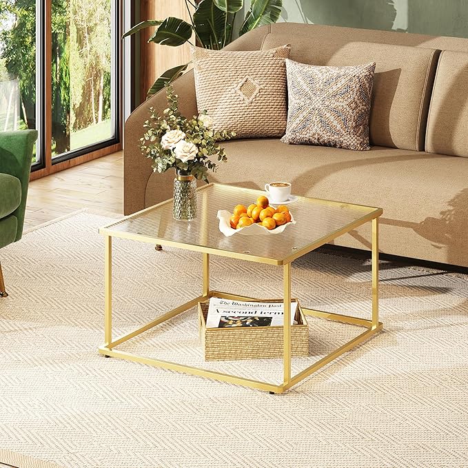 WLIVE Glass Coffee Table, Small Modern Coffee Table for Living Room with Wave Textured Glass & Metal Frame, Square Center Table for Small Spaces Apartment, Office, 26.4 x 26.4in, White