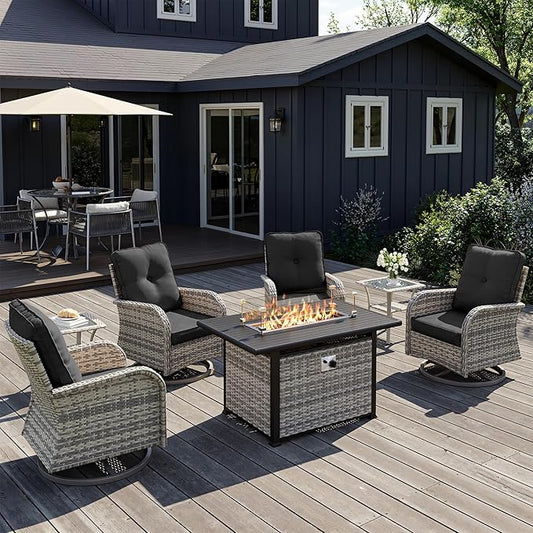 7Pcs Patio Rocking Swivel Chair with 55,000 BTU Fire Pit Table Outdoor Wicker Rattan Bistro Set with Tempered Glass Side Table, Outdoor Patio Furniture Set for Garden and Balcony, Dark Grey