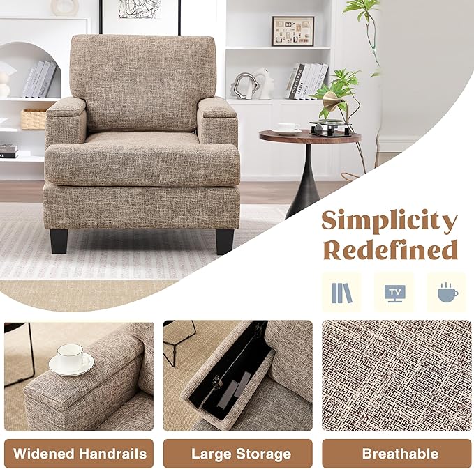 Accent Chair for Living Room, Modern Upholstered Reading Chairs with Armrest Storage, Comfy Large Armchair, Fabric Single Sofa Chair for Bedroom (Yellowish Brown)