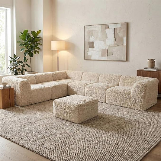 Furniture of America Havyn Modern Faux Fur 7-Seater L-Shaped Modular Foam Sectional Sofa with Ottoman, Compressed Couch in a Box, No Assembly Required, for Living Room and Office, Sand