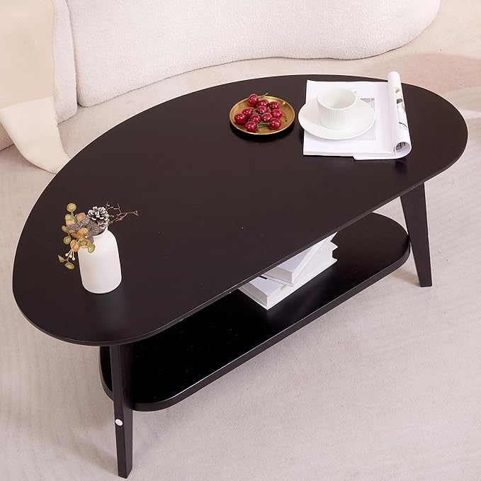 Mid Century Modern Coffee Table, Oval Coffee Tables with Storage for Living Room, 2 Tier Solid Wood Center Table, Black Coffe Tables, Easy Assembly, 40.2" D x 22" W x 17.7" H