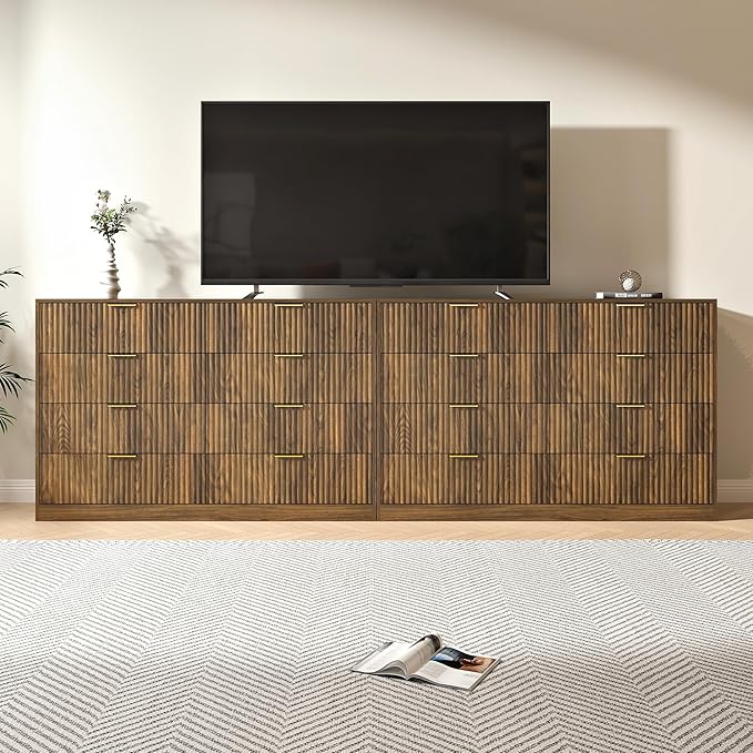 Dresser for Bedroom Set of 2, Large Dresser with 16 Drawers, Fluted Modern Bedroom Furniture Set, TV Stand Dressers & Chests of Drawers for Closet, Walnut(15.7" D x 110.2" W x 36" H)