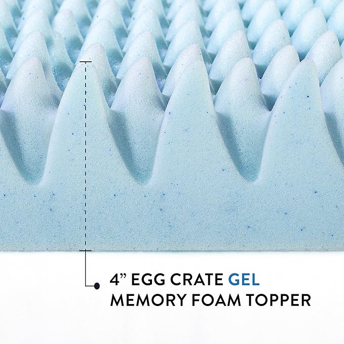 Best Price Mattress 4 Inch Egg Crate Memory Foam Mattress Topper with Cooling Gel Infusion, CertiPUR-US Certified, Dorm Essentials, Short Queen, Light Blue