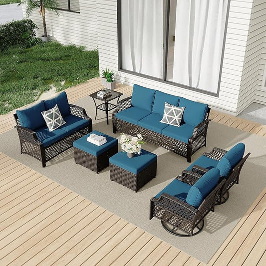 HOMREST 7 Piece Patio Furniture Set, Wicker Outdoor Conversation Sofa Set with Swivel Chairs, 2 Ottomans, Glass Side Table, Rattan Outdoor Sectional for Deck Backyard Porch （9 Seats, Turquoise