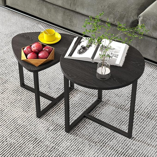 HOJINLINERO Coffee Table Side Tables End Tables Living Room Set of 2,Round Small Coffee Table Decor for Bedroom,Modern & Sturdy Metal Frame & Wood Top,Easy Assembly,Black