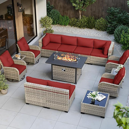 14-Piece Outdoor Patio Furniture Set with Rocking Swivel Chair, Wicker Rattan Sectional Sofa Conversation Set with 55,000 BTU Fire Pit Table, Backyard Furniture, Red