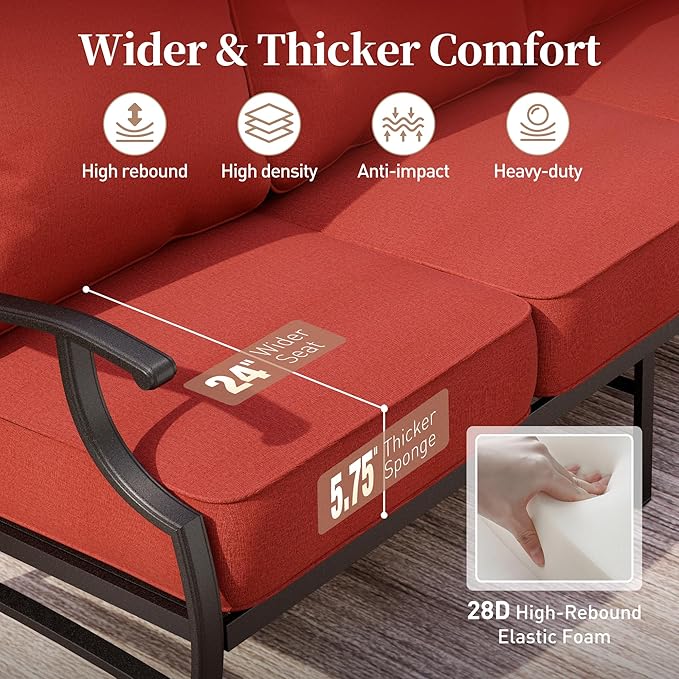 6 Piece Metal Outdoor Patio Furniture Set, Patio Conversation Set 1 3-Seater Sofa, 2 Rocking Chair, 2 Leg Chair with 5.75" Thick Cushion and Coffee Table, Backyard Furniture Set, Red