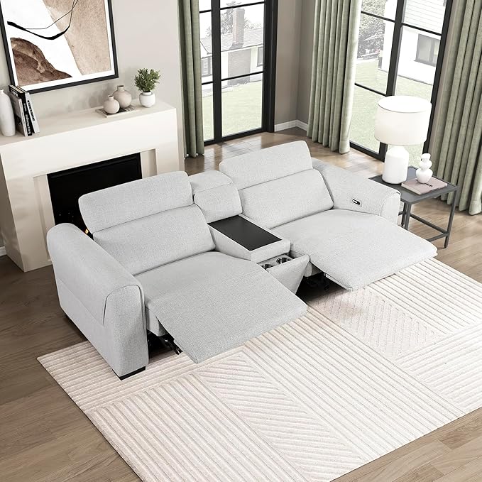Lexicon Power Reclining Sectional Couches for Living Room-Modular Sectional Sofa, Wall Hugger, 2 Recliner Seats, Console Cup Holders, Power Headrests, Charging Ports, 2 Seater Couch, Chenille Cloud
